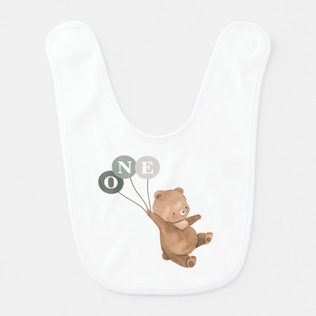 Bear with 3 Green Balloons 1st Birthday Baby Bib (Front)