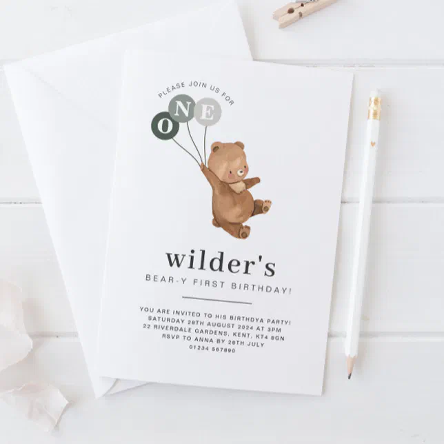 Bear with 3 Green Balloons 1st Birthday Invitation | Zazzle
