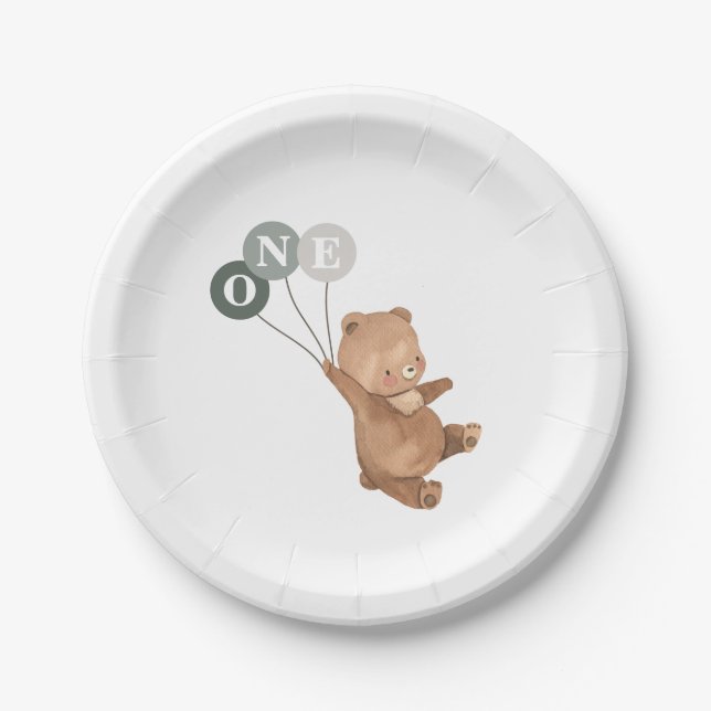 Bear with 3 Green Balloons 1st Birthday Paper Plates (Front)