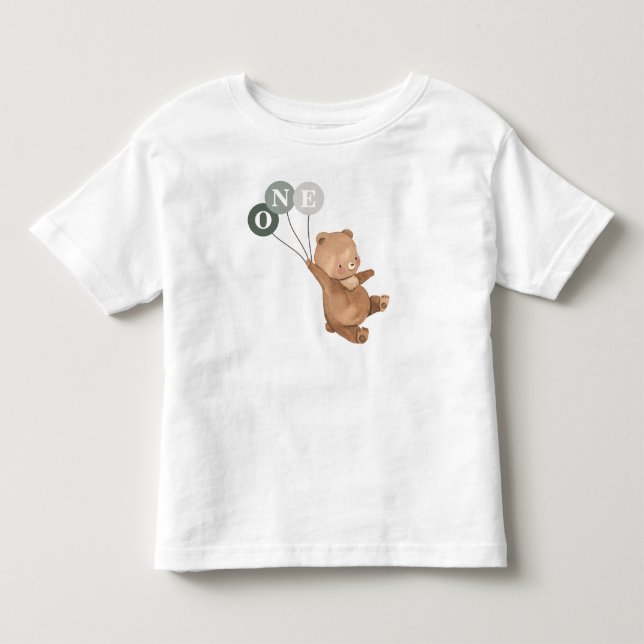 Bear with 3 Green Balloons 1st Birthday Toddler T-shirt (Front)