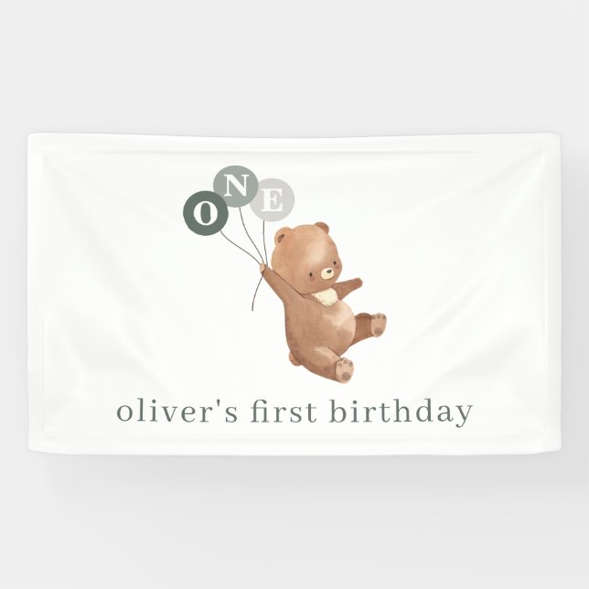 Bear with 3 Green Balloons Banner (Horizontal)
