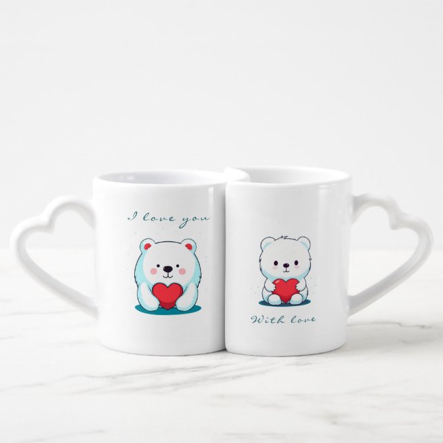 Bear with a heart, personalized coffee mug set (Front Nesting)
