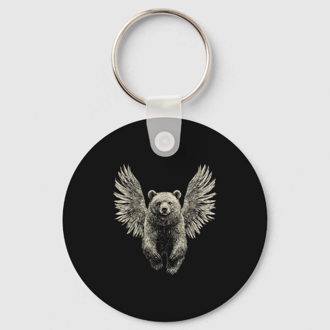 Bear With Angel Wings Retro Wildlife Artwork Flyin Keychain (Front)