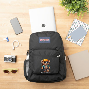 Bear with backpack, sunglasses and cap  JanSport backpack