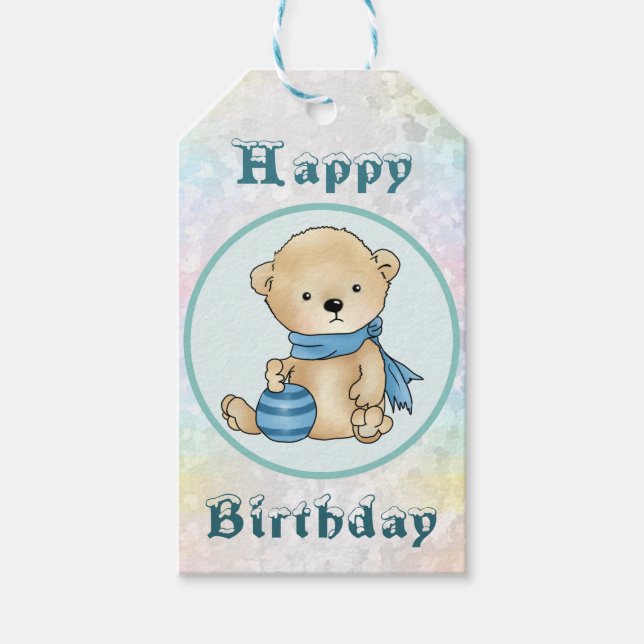 Bear with ball, blue gift tags (Front)