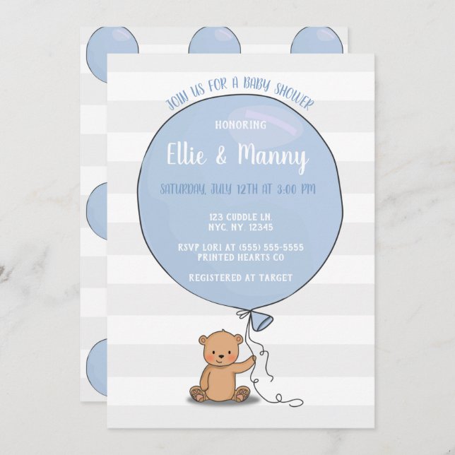 Bear with Balloon Baby Shower Invitation | Blue (Front/Back)