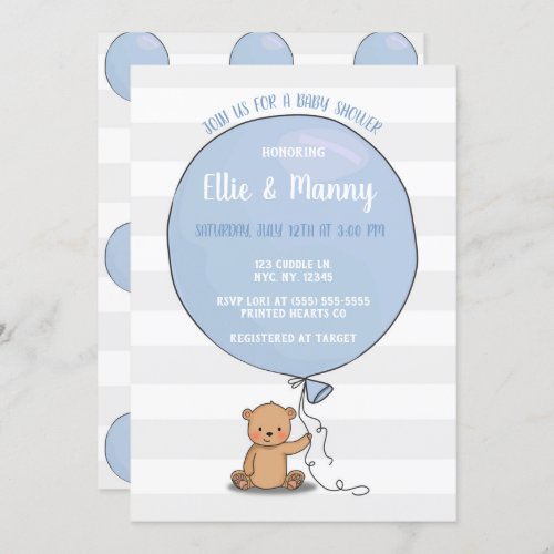 Bear with Balloon Baby Shower Invitation  Blue