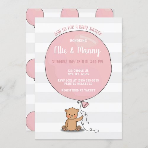 Bear with Balloon Baby Shower Invitation  Pink