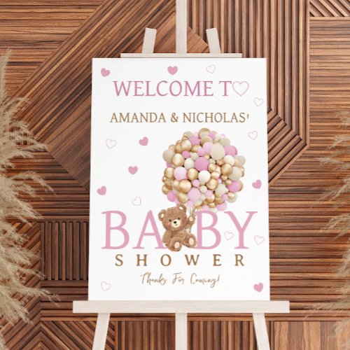 Bear With Balloon Hearts  Pink Baby Shower Welcome Foam Board