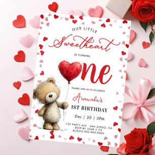 Bear with balloon Valentines 1st girl Birthday Invitation
