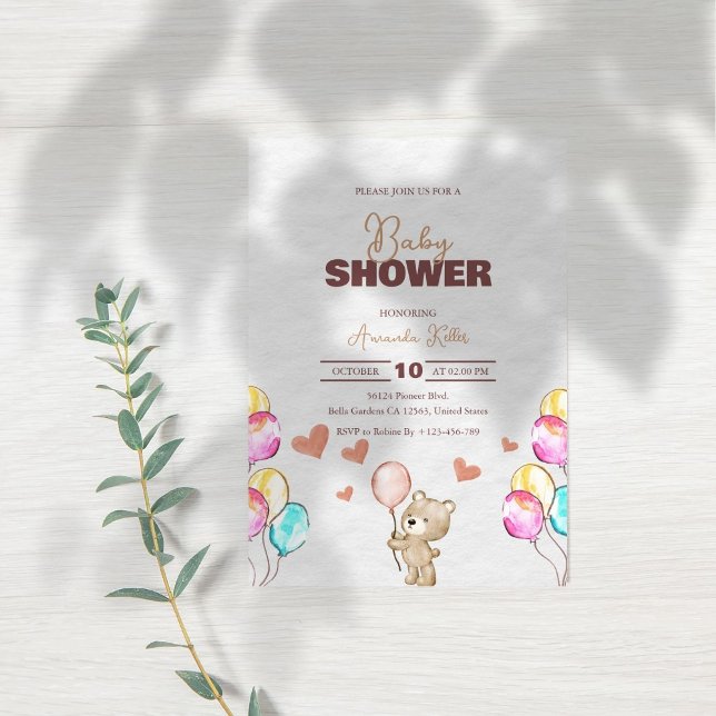 Bear with Balloons Baby Shower Invitation (Creator Uploaded)