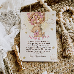 Bear with Balloons Beige Pink Baby Shower Thank You Card