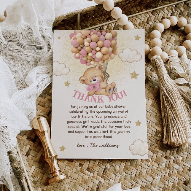 Bear with Balloons Beige Pink Baby Shower Thank You Card (Creator Uploaded)