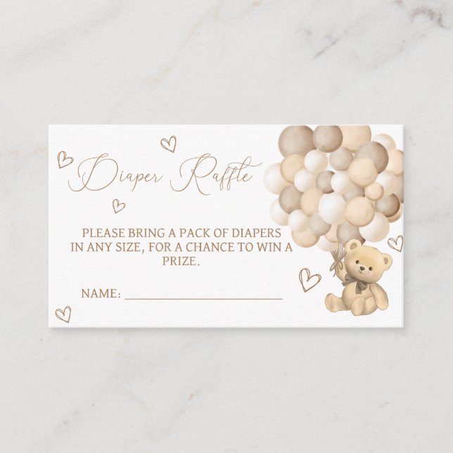 Bear With Balloons Diaper Raffle  Enclosure Card (Front)