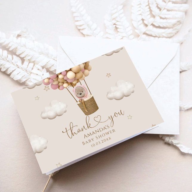 Bear With Balloons Girl Baby Shower Thank You Card (Creator Uploaded)