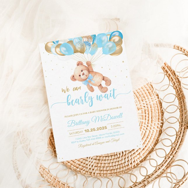 Bear with Balloons Teddy Bear Baby Shower Invite (Creator Uploaded)