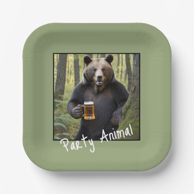 Bear with Birthday Beer Paper Plates (Front)