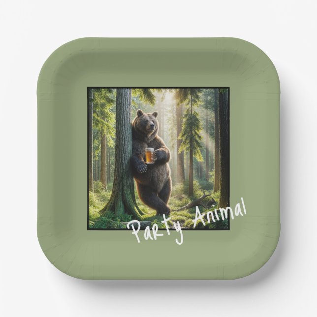 Bear with Birthday Beer Paper Plates (Front)
