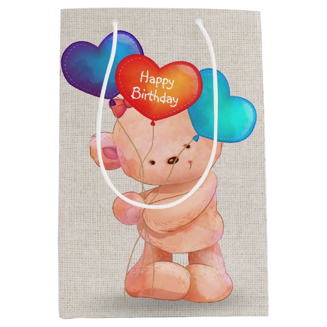 Bear with Birthday Heart Balloons Medium Gift Bag (Front)