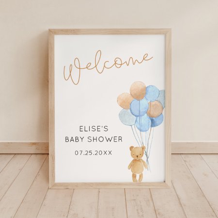 Bear With Blue And Tan Balloons Welcome Poster