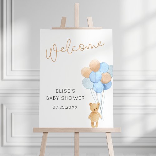 Bear with Blue and Tan Balloons Welcome Sign