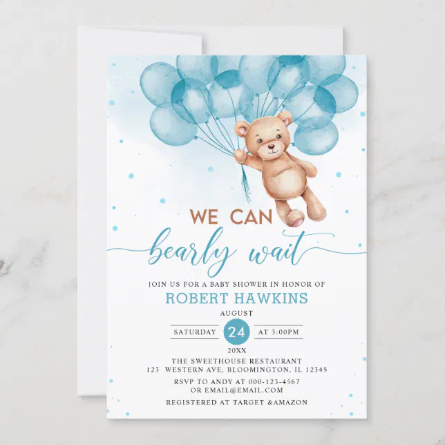 Bear with Blue Balloons Teddy Bear Baby Shower Invitation | Zazzle