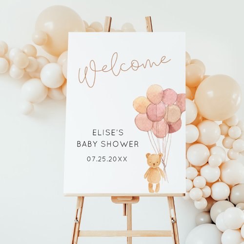 Bear with Blush Beige Balloons Welcome Sign