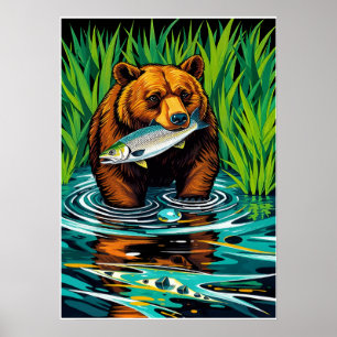 Bear With Catch – Bold Salmon Hunt River Scene Poster