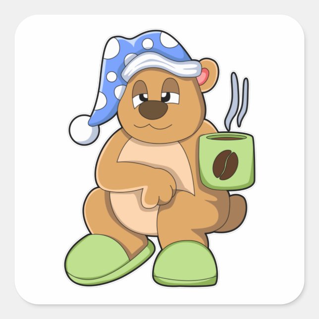 Bear with Cup of Coffee & Sleepyhead Square Sticker (Front)