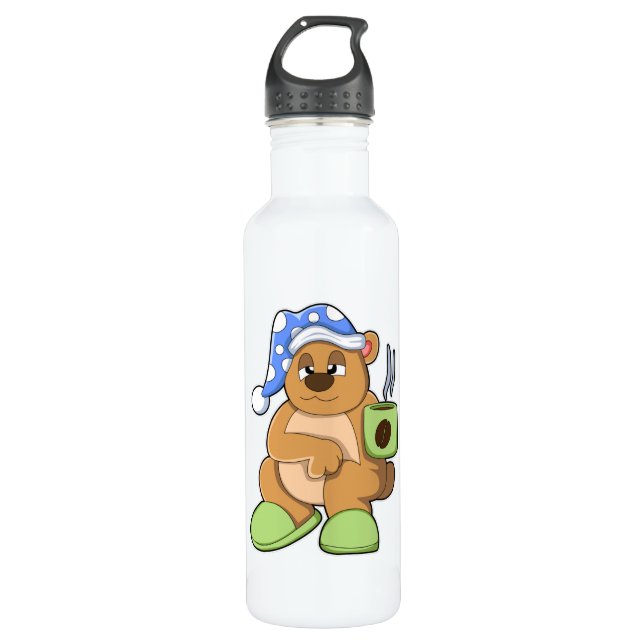Bear with Cup of Coffee & Sleepyhead Stainless Steel Water Bottle (Front)