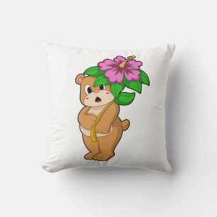 Bear with Flower Hibiscus Throw Pillow
