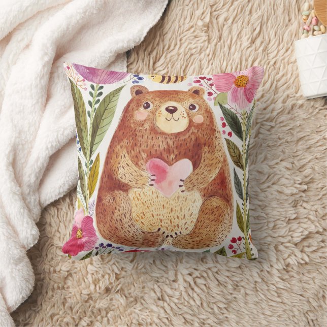 Bear with flowers and a bee throw pillow (Blanket)