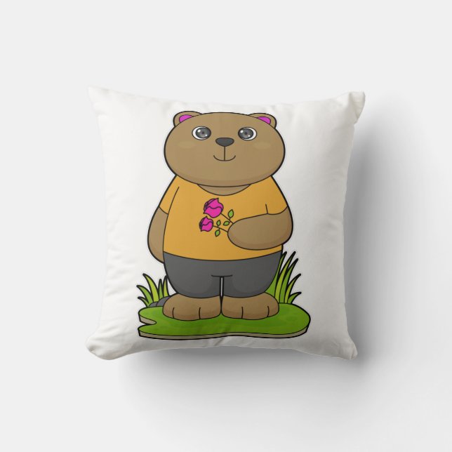 Bear with Flowers Throw Pillow (Front)
