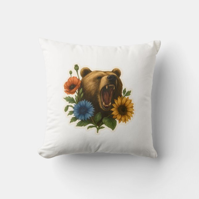 Bear with Flowers Throw Pillow (Front)