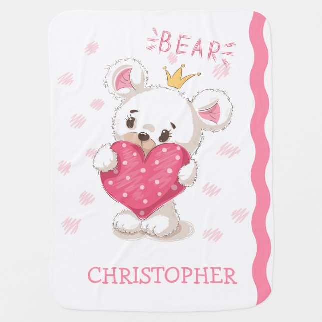 Bear with heart girl birthday baby shower gift baby blanket (Front)