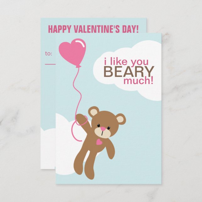 Bear with Heart Shaped Balloon Valentines Invitation (Front/Back)