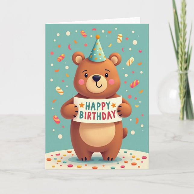Bear With Party Hat Card (Front)