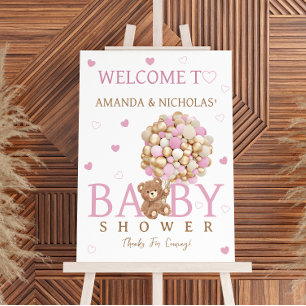 Bear With Pink Balloons Girl Baby Shower Welcome Foam Board