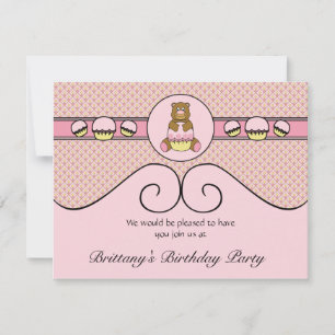 Bear With Pink Cupcake Diamonds Invitation