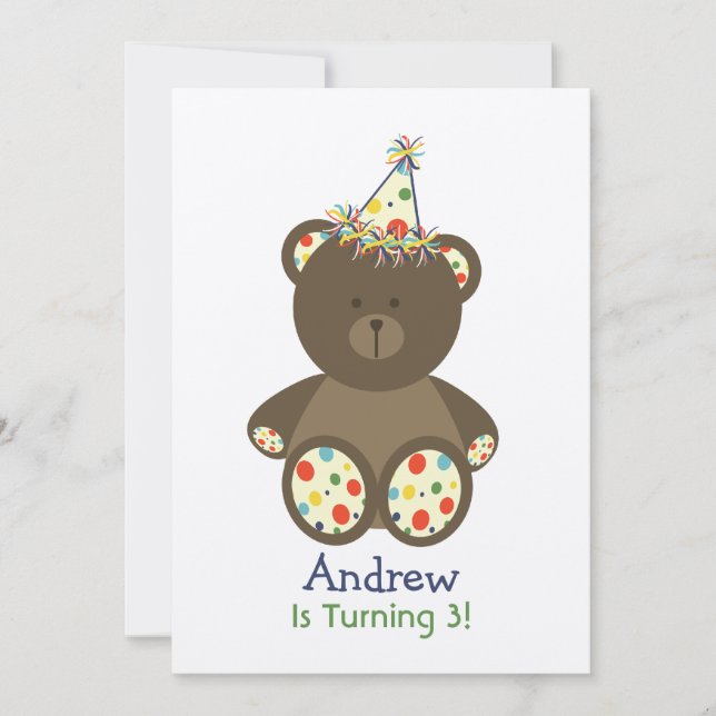 Bear With Polka Dot Birthday Hat Boy's Party Invitation (Front)