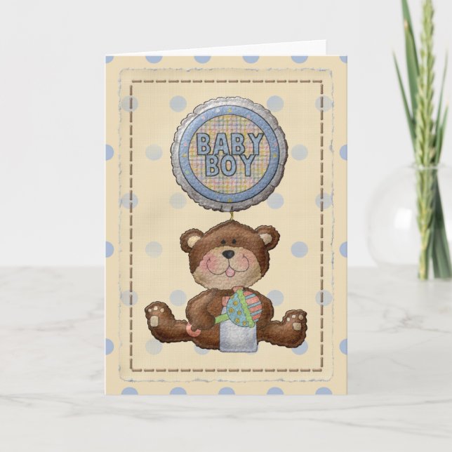 Bear with Rattle & Baby Boy Balloon Blank Card (Front)