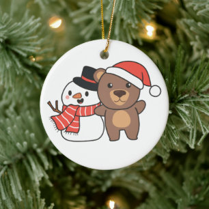 Bear With Snowman In Winter For Christmas Ceramic  Ornament