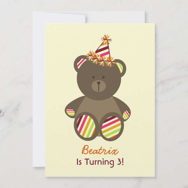 Bear With Striped Birthday Hat Girl's Party Invitation (Front)