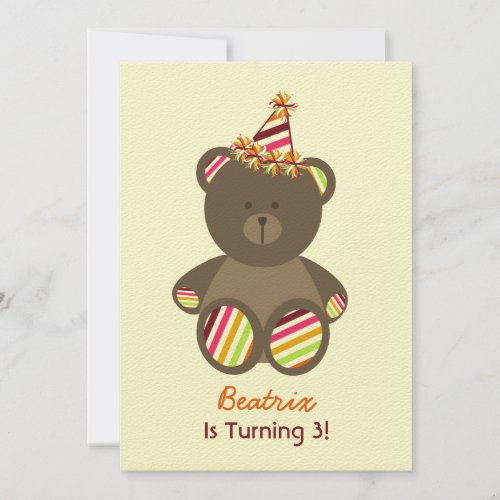 Bear With Striped Birthday Hat Girl's Party Invitation