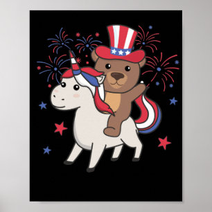 Bear With Unicorn For The Fourth Of July Fireworks Poster