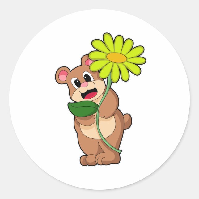 Bear with yellow Flower Classic Round Sticker (Front)