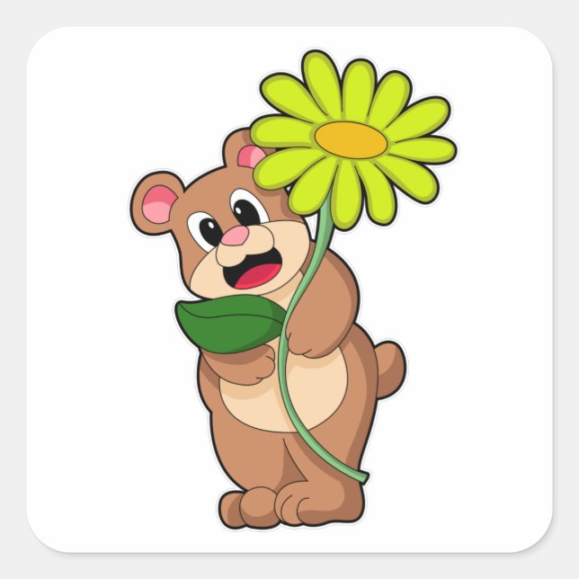 Bear with yellow Flower Square Sticker (Front)
