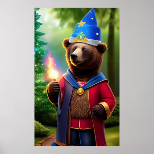 Bear wizard with fire stick poster
