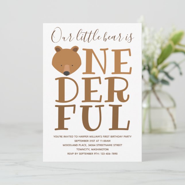 Bear Wonderful One 1st Birthday Invitation (Standing Front)