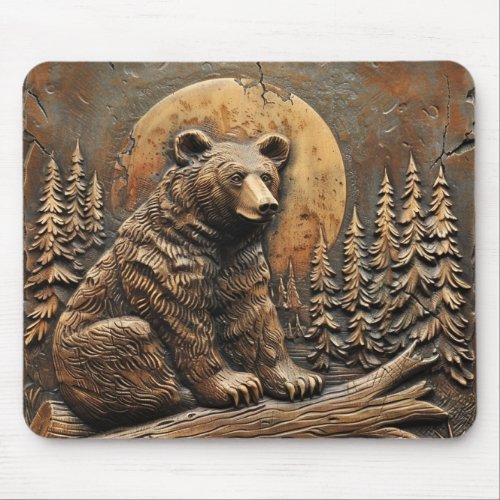 Bear Wood Carving on Log Full Moon Pine Forest Mouse Pad